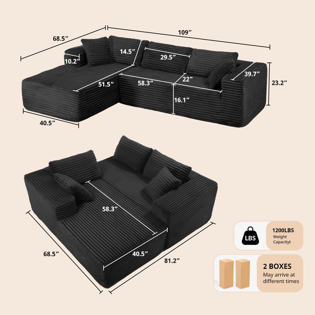 COMHOMA 105'Modular Sectional Sofa with Deep Seat,Cloud Upholstered L-Shape Couch Wide Arms Corduroy Fabric High-Density Foam Chaise Lounge for Living Room No Assembly Required