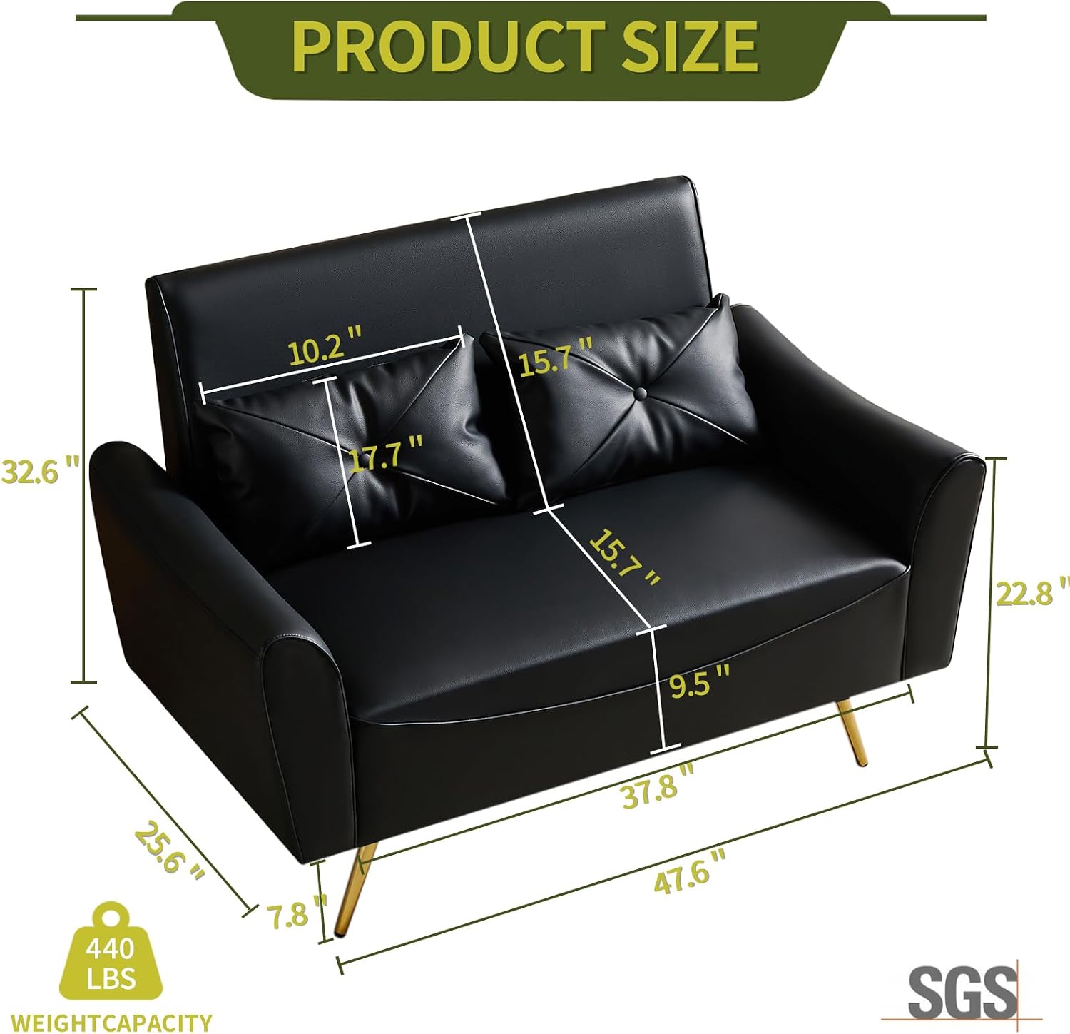 Brelice 48' Faux Leather Loveseat Sofa, Modern Small Couch for Small Space with 2 Pillows, 2 Seater Couch for Living Room, Bedroom, Office, Apartment (Black)