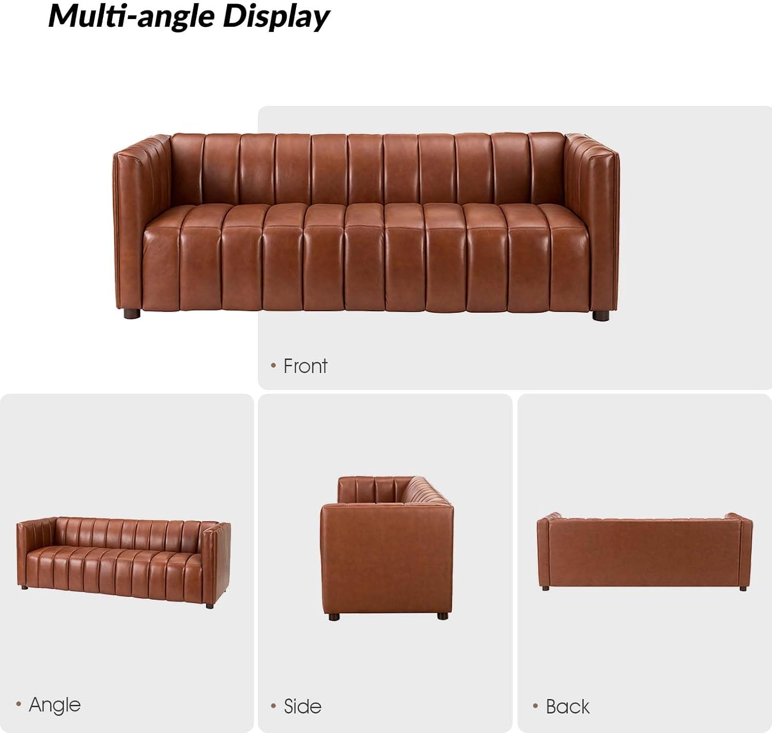 HULALA HOME 83' Genuine Leather Sofa with Channel Tufted Design, 3-Seater Sofa for Living Room Bedroom, Modern Oversized Couch with Wood Legs, Brown