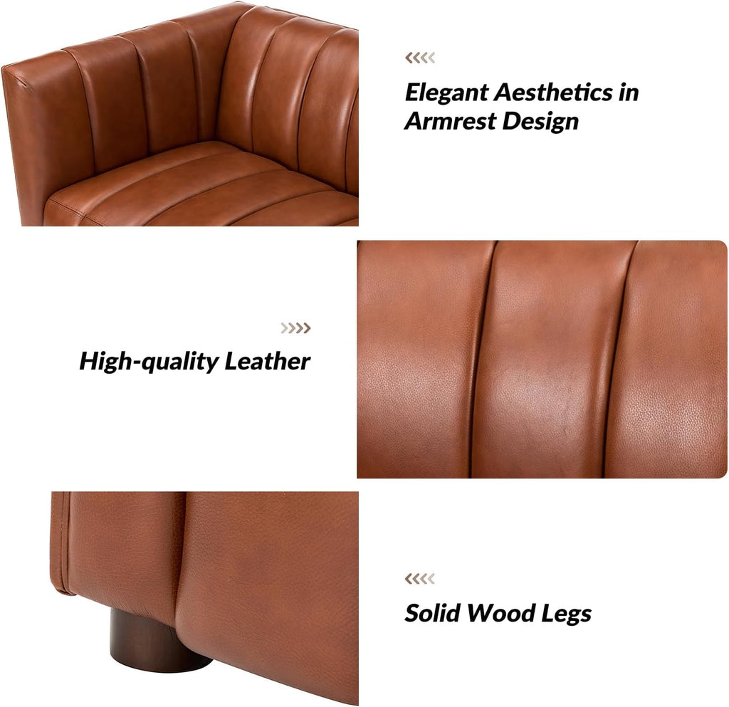 HULALA HOME 83' Genuine Leather Sofa with Channel Tufted Design, 3-Seater Sofa for Living Room Bedroom, Modern Oversized Couch with Wood Legs, Brown