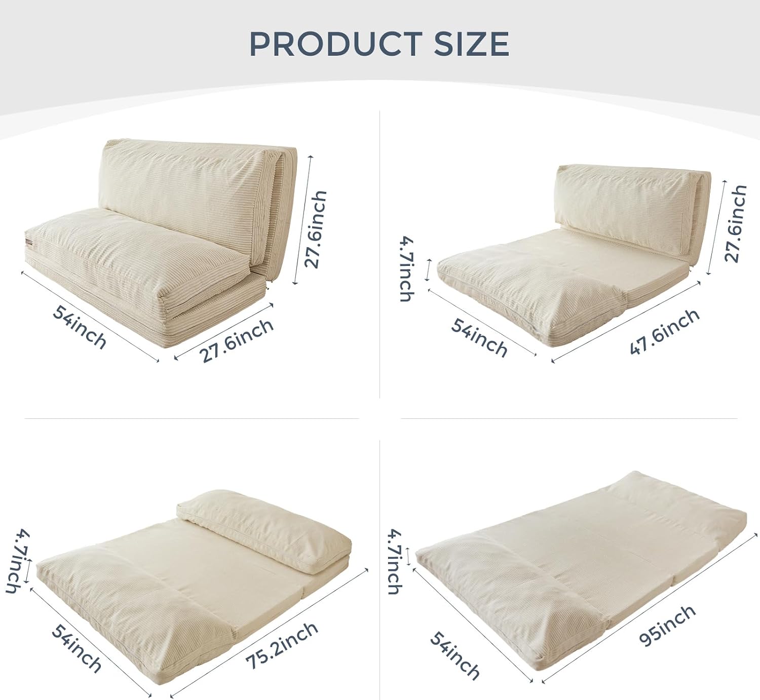 MAXYOYO Folding Sofa Bed, Extra Thick and Long Floor Sofa Convertible Sleeper Chair with Washable Cover, Floor Couch Lounge Bean Bag Bed for Living Room, Beige, 54x95 Inch