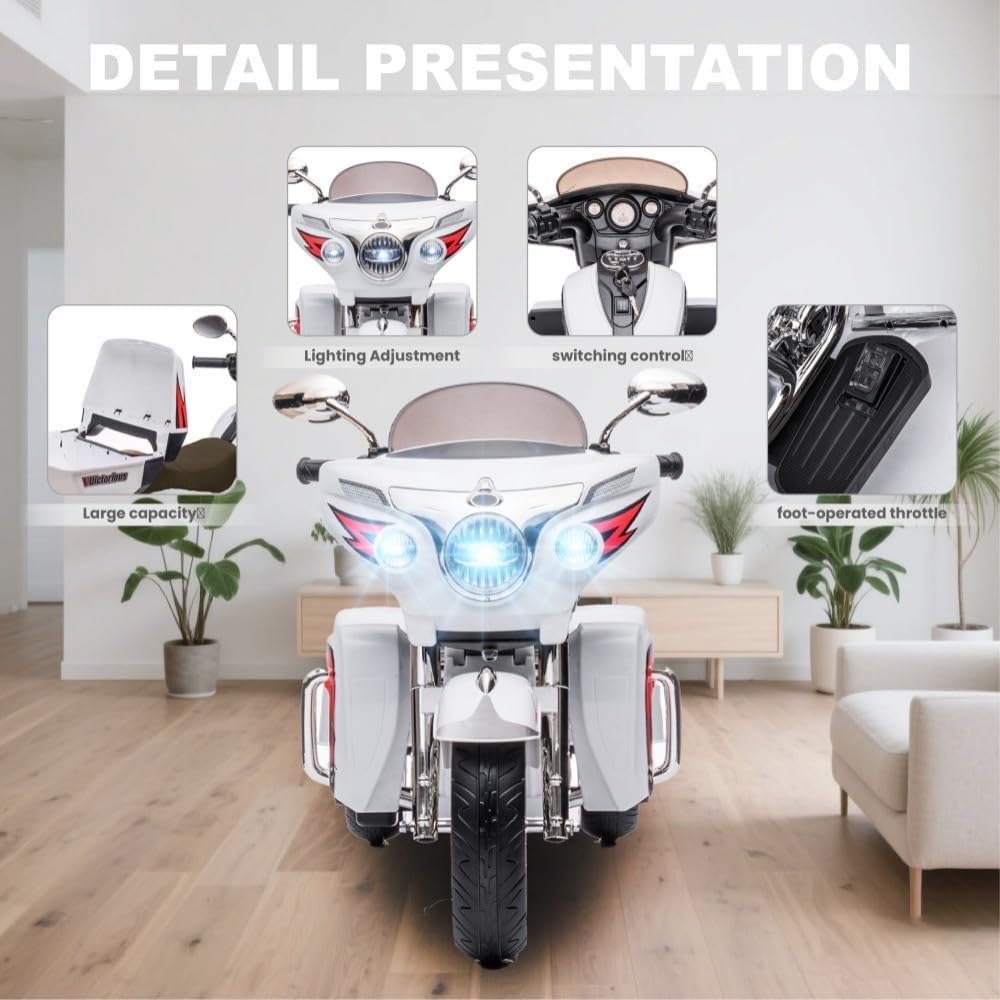 Kids Motorcycle | 12V Electric Motorcycle for Kids Ages 3-8 | 2-Seat, 3-Wheel Toy Car with Bluetooth, LED Lights | Safe Toy Vehicle Gift (White)