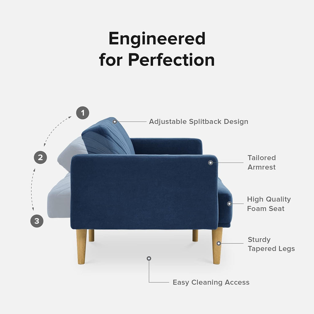 mopio 76.4' Futon Sofa Bed, Couch, Loveseat, Sleeper Sofa, Mid Century Modern Futon Couch, Sofa Cama, Couches for Living Room (Classic Blue Velvet)