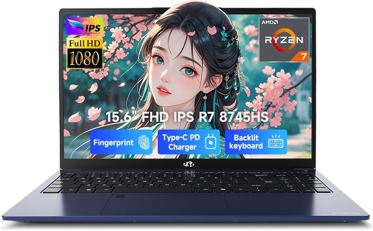 NIMO 15.6' IPS FHD-Gaming-Laptop, AMD Ryzen 7 8745HS 16GB DDR5 RAM 1TB SSD (up to 4.9GHz) Radeon 780M Graphics Business Computer with 100W Type-C Backlit Keyboard, Fingerprint USB-C 4.0
