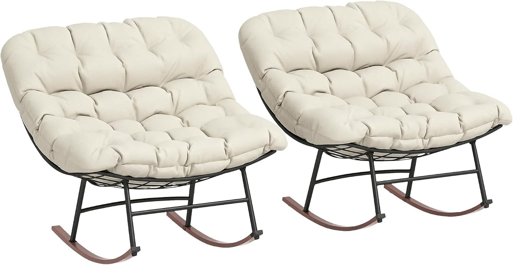 Outsunny Outdoor Rocking Chair Set of 2, Oversized Rocking Papasan Chairs with Cushions, Steel Frame, Comfy Outdoor Rockers for Patio Porch Lawn Garden, Beige