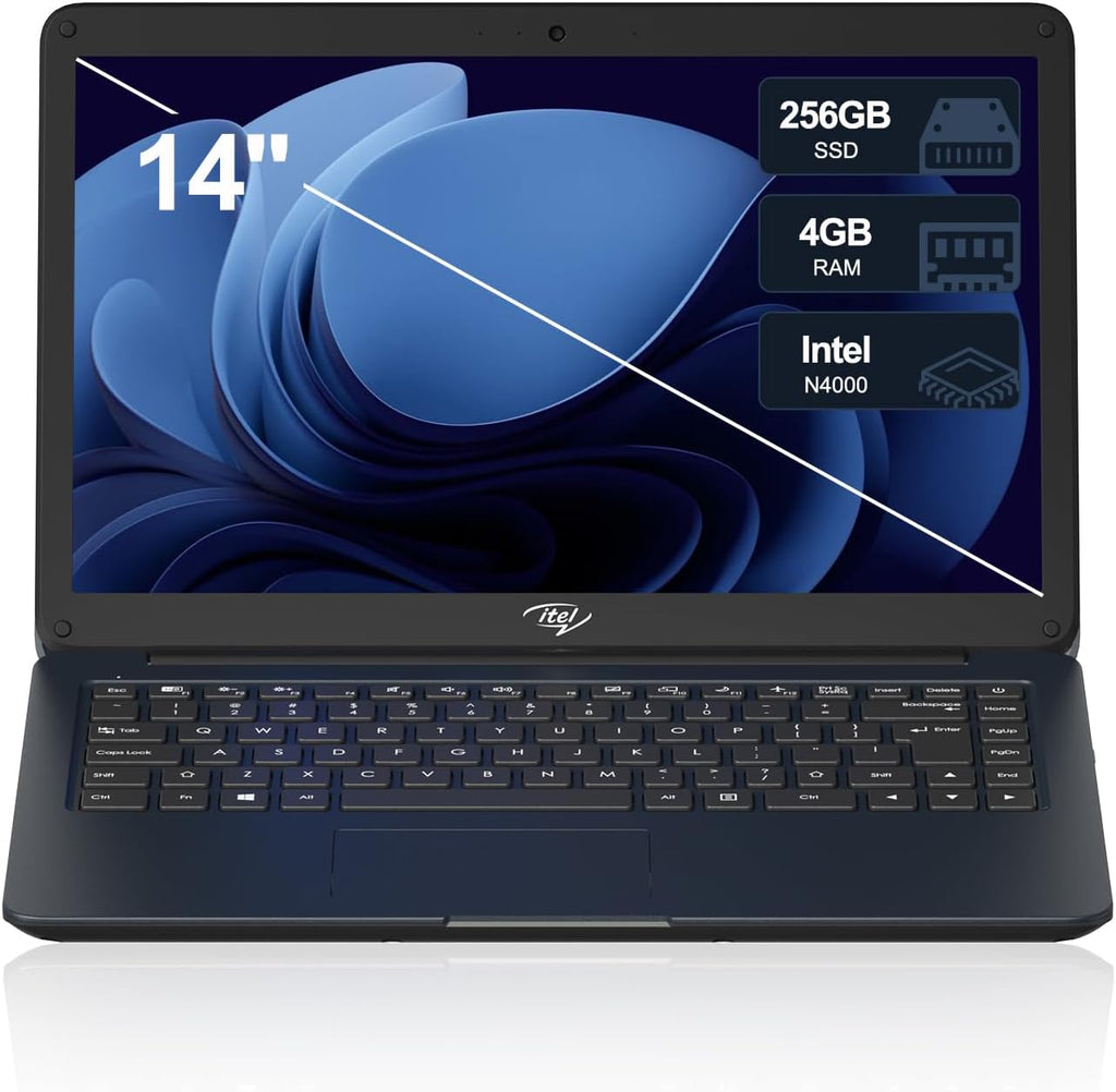 14' Itel Laptop Computer, Celeron N4000 (Dual-Core) | 4GB RAM | 256GB SSD | Ultra Slim Design | HDMI & USB 3.2 | 2.4G/5G WiFi | Webcam | for Study Business