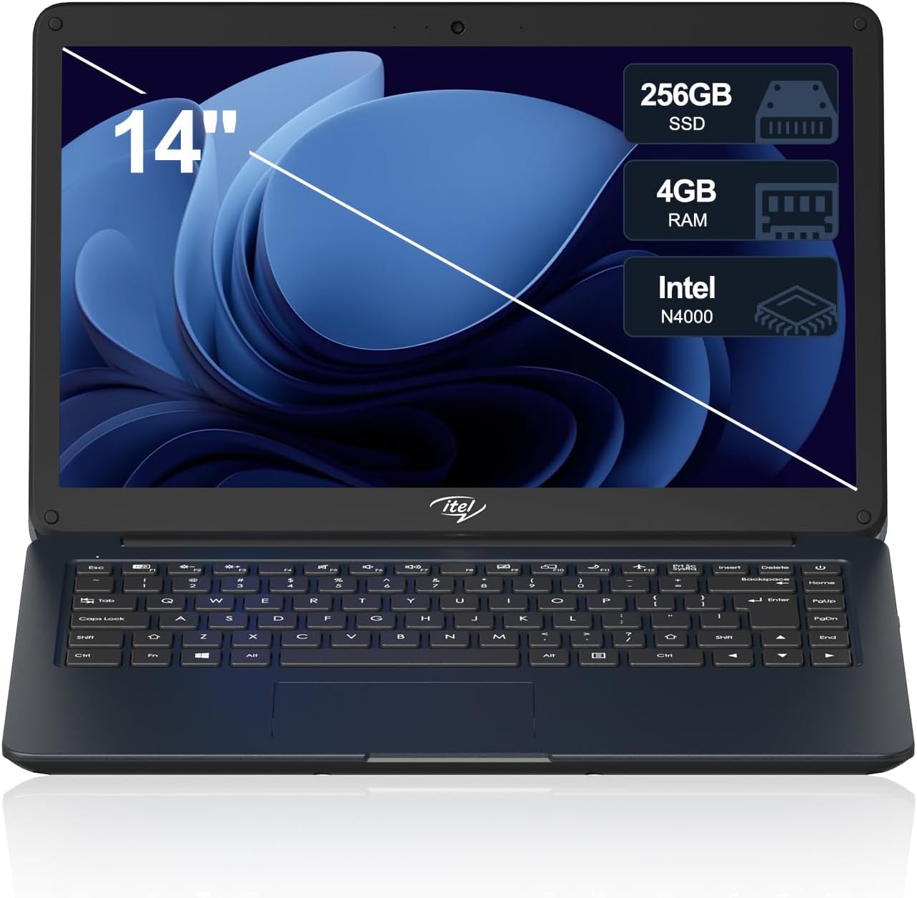 14' Itel Laptop Computer, Celeron N4000 (Dual-Core) | 4GB RAM | 256GB SSD | Ultra Slim Design | HDMI & USB 3.2 | 2.4G/5G WiFi | Webcam | for Study Business