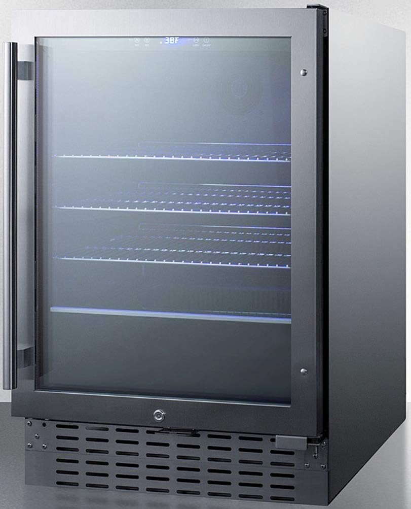 Summit Appliance SCR2466BCSS 24' Wide Built-In Beverage Cooler; 4.2 cu.ft. Capacity; Seamless Stainless Steel Trimmed Glass Door; Auto Defrost; Front Lock and Stainless Steel Cabinet