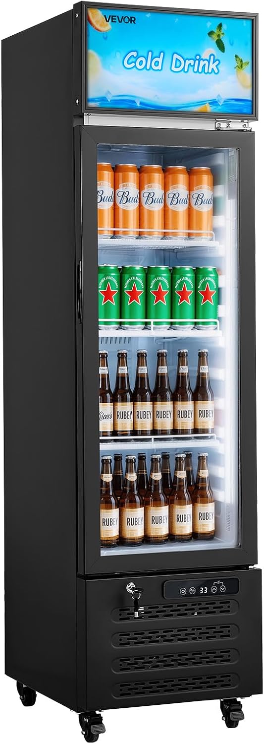 VEVOR Commercial Merchandiser Refrigerator, 6.1 Cu.Ft / 173 L Glass Door Display Refrigerator, Upright Beverage Cooler with Customizable Lightbox, 3 Adjustable Shelves & Soft LED Light for Homes Shops