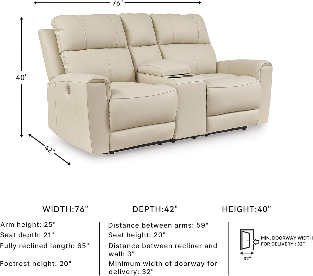 Signature Design by Ashley Dahlmoore Contemporary Leather Match Power Reclining Loveseat with Console and USB Ports, Beige
