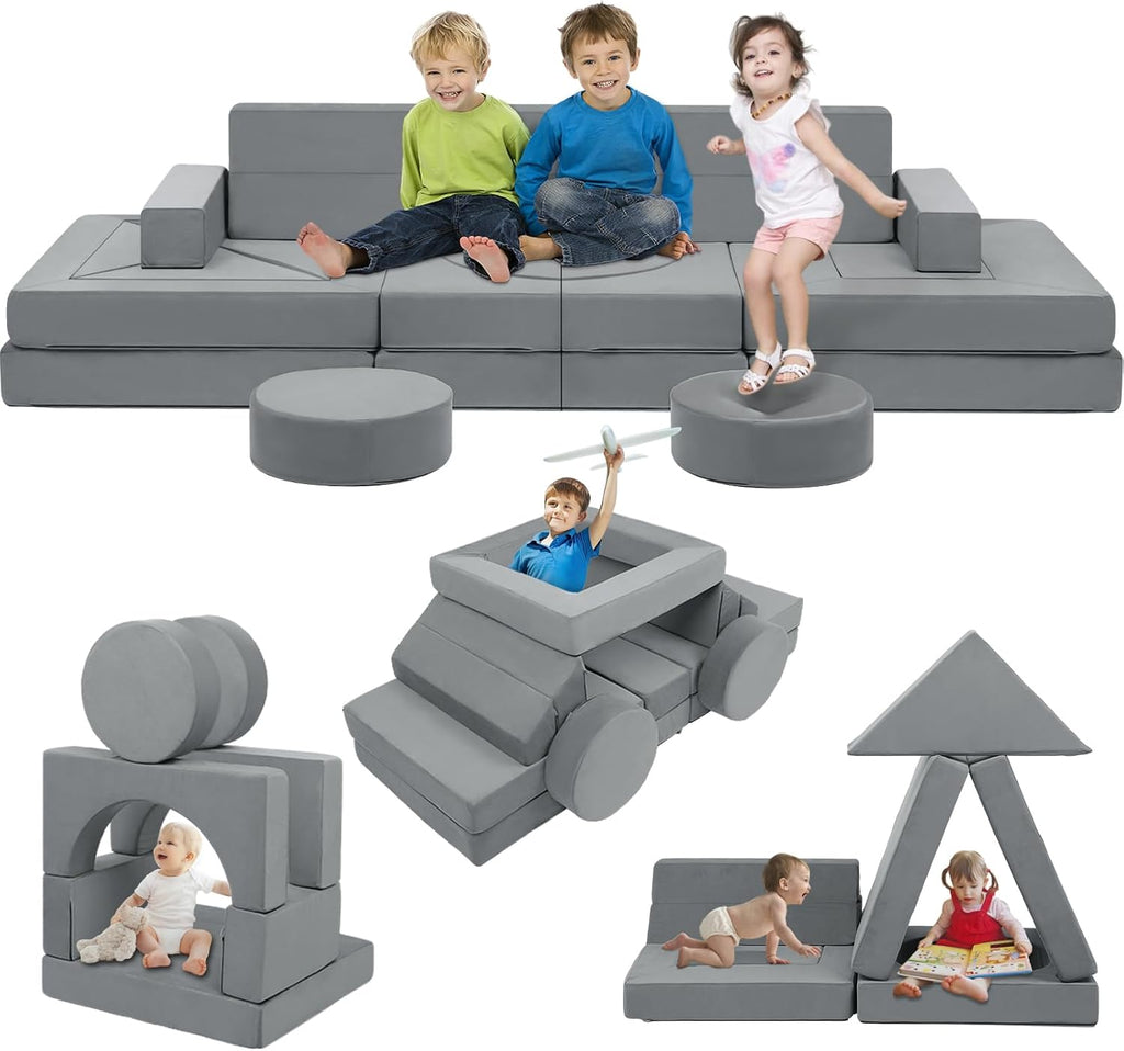 Edbuosy 22 Pcs Modular Play Couch for Kids, Soft Plush Velvet Convertible Foam Sectional Sofa, Multi-Functional Fort Building Play Furniture, Indoor Floor Couch Lounge for Toddlers Boys Girls Playroom