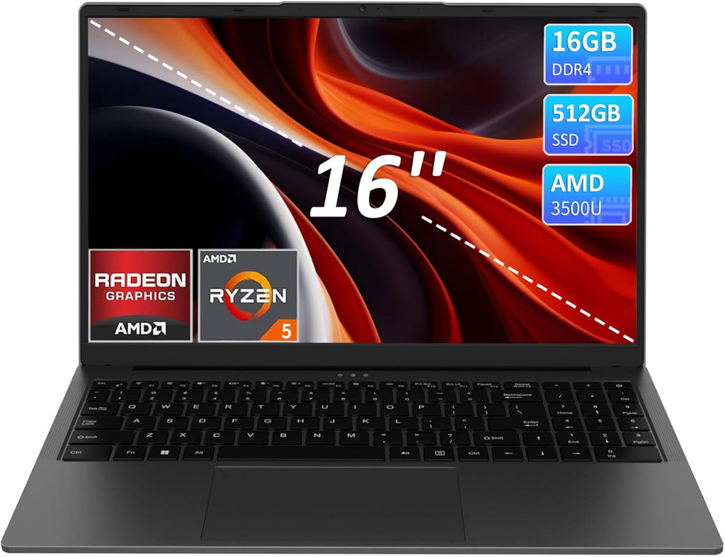 16' IPS FHD Laptop Computer, 16GB RAM 512GB SSD AMD Ryzen 5 3500U(4C/8T,2.0-3.7GHz) Radeon Vega 8 Student-Laptops with 2MP Webcam Fingerprint Backlit Keyboard Numpad for Office Home Study - Grey