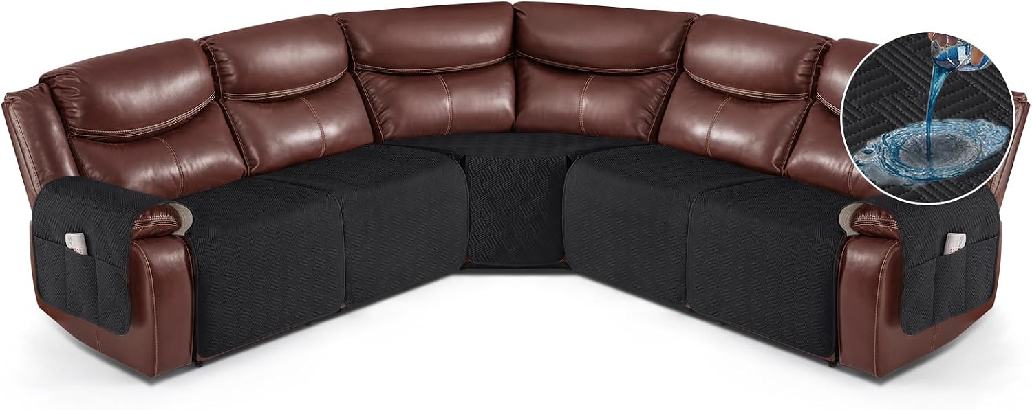 KinCam Waterproof Recliner Sectional Couch Covers, Oversized Reclining Sofa Covers for L Shape Couch, Non Slip Couch Cover for Sofa Washable Slipcover (5 Seat Recliner Cover, Black)