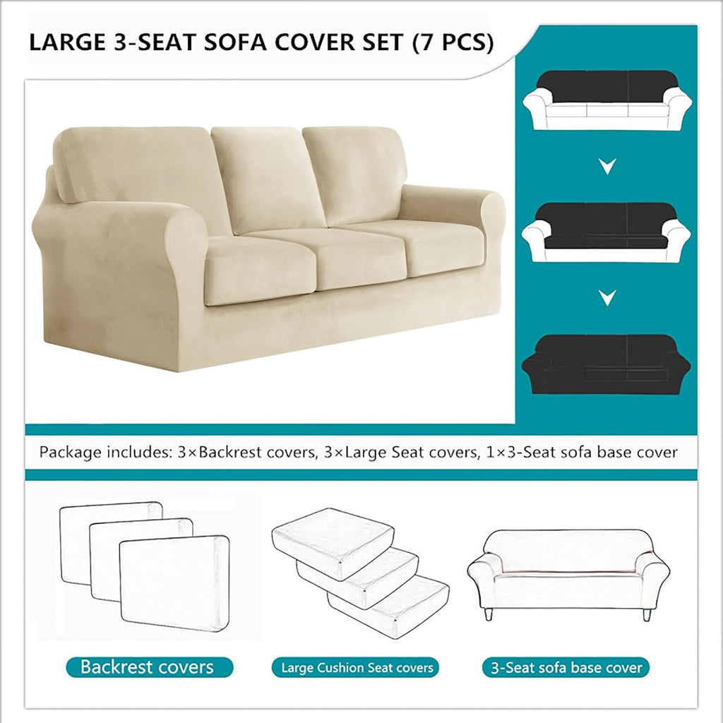 7 Piece Stretch Velvet Ektorp Sofa Covers, for 1 Base Cover, 3 Cushion Couch Cover and 3 Backrest Cover, for Living Room Furniture (Beige,Large 3 Seat 7 PCS)