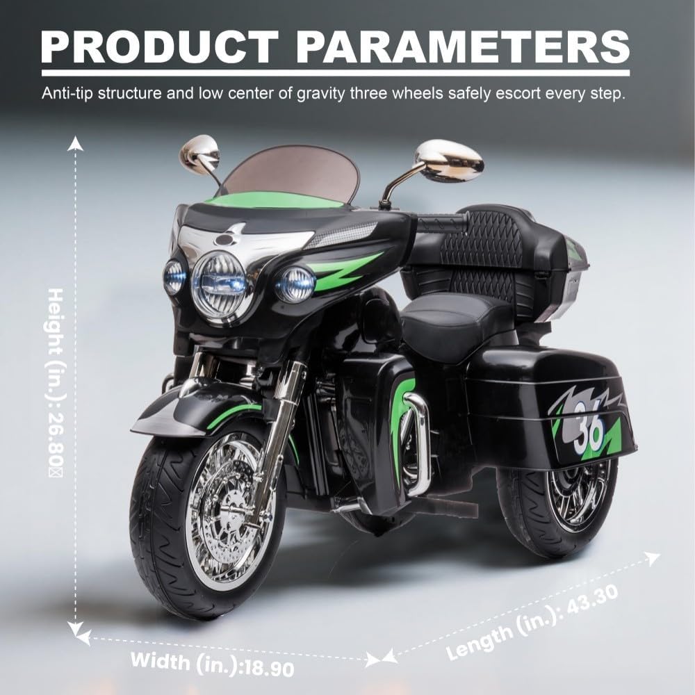 Kids Motorcycle | 12V Electric Motorcycle for Kids Ages 3-8 | 2-Seat, 3-Wheel Toy Car with Bluetooth, LED Lights | Safe Toy Vehicle Gift (Black)