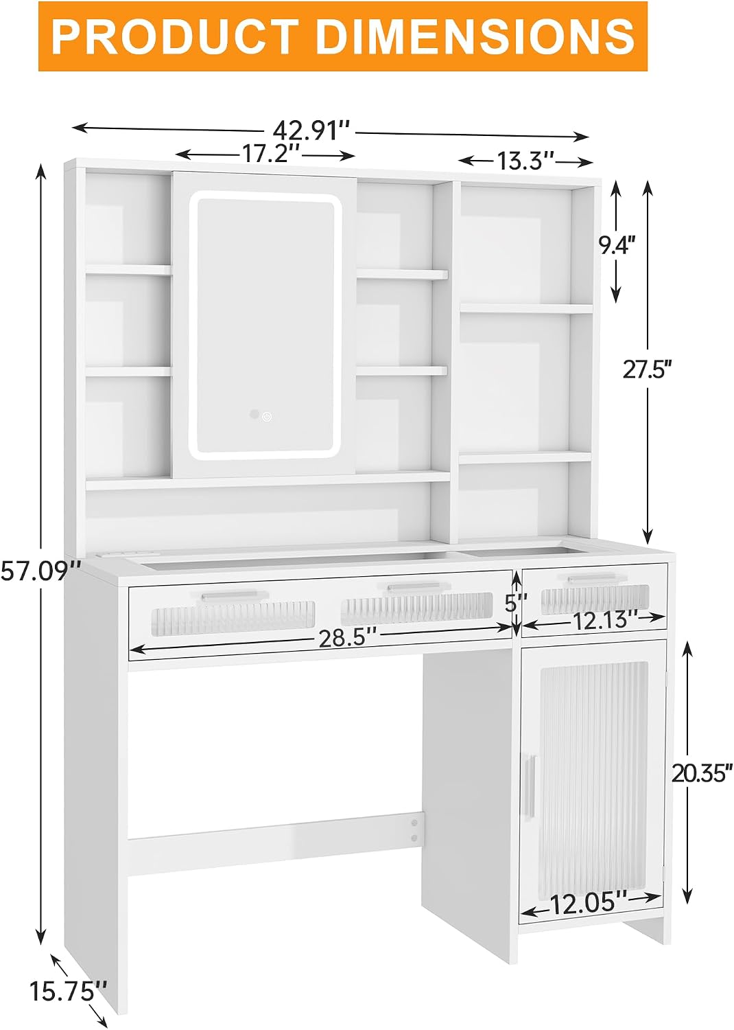 Hadulcet White Vanity Desk with Mirror and Lights, 43' Makeup Vanity Desk with Glass Top, Power Outlets, 2 Drawers, 10 Shelves & Acrylic Cabinet, LED Vanity Table for Girls Women Gift