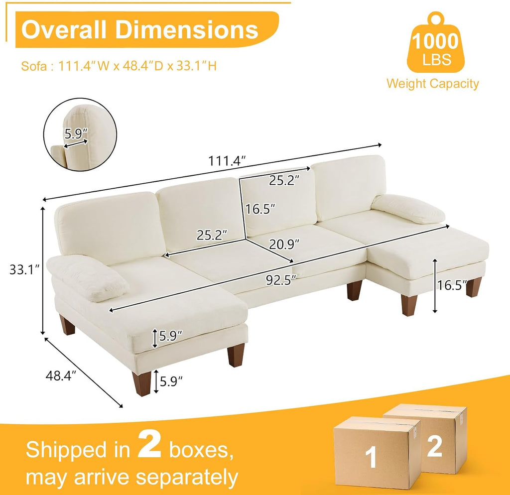 Karl home U-Shape Sectional Sofa Couch 111' Modern 4-Seat Sofa with Chaises Chenille Fabric Upholstered Covertible Couch with Wood Grain Legs for Living Room, Reception Room, Apartment, Beige