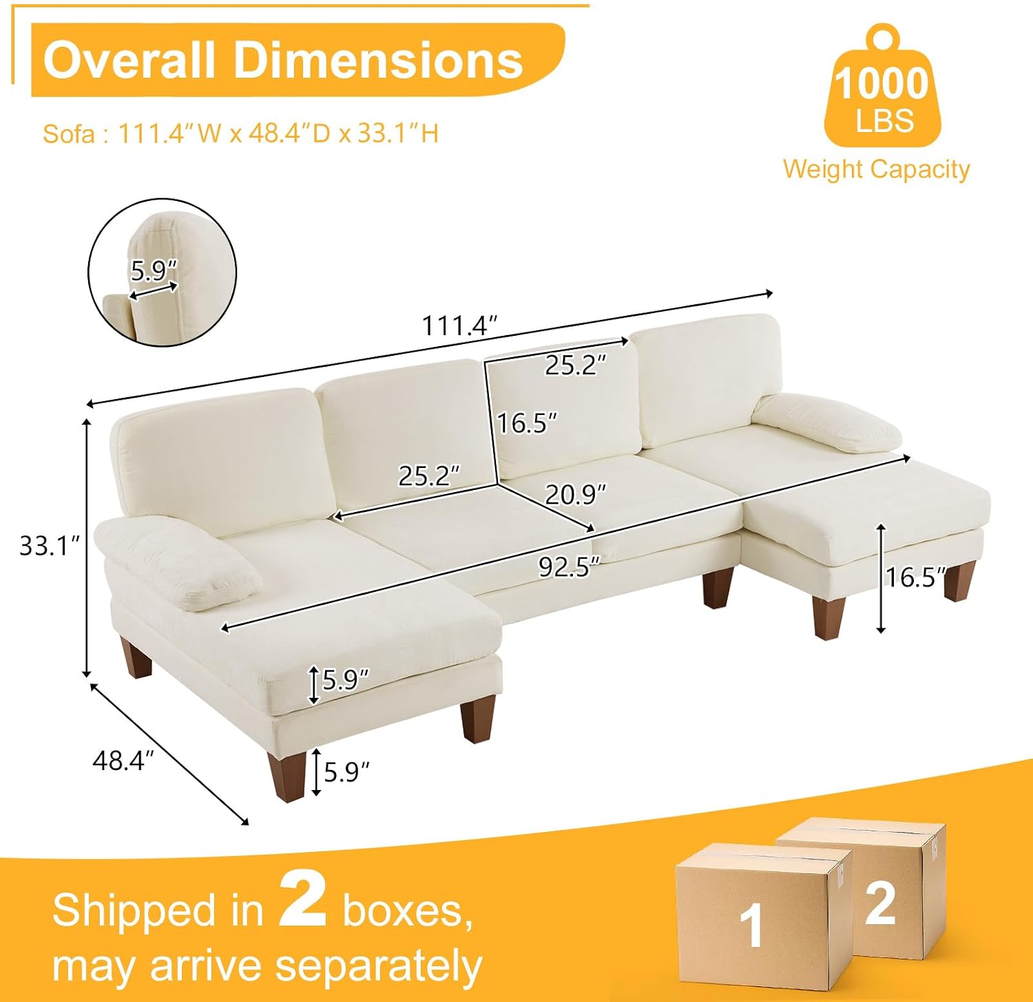 Karl home U-Shape Sectional Sofa Couch 111' Modern 4-Seat Sofa with Chaises Chenille Fabric Upholstered Covertible Couch with Wood Grain Legs for Living Room, Reception Room, Apartment, Beige
