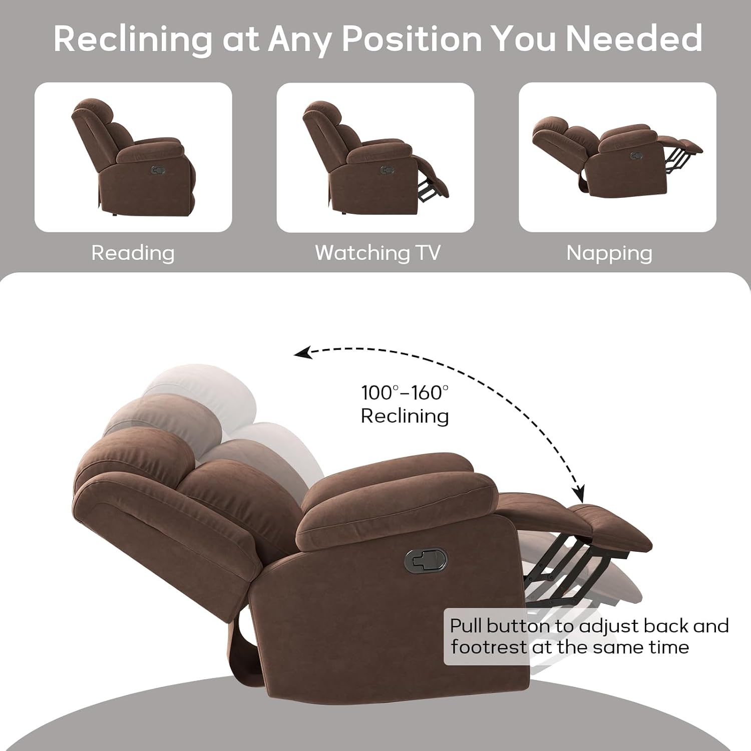HAOMARKETS Rocker Recliner Chair for Adults, Manual Recliner Chair with Overstuffed Backrest and Armrests, Upholstered Rocking Reclining Sofa Chair for Living Room, Grey