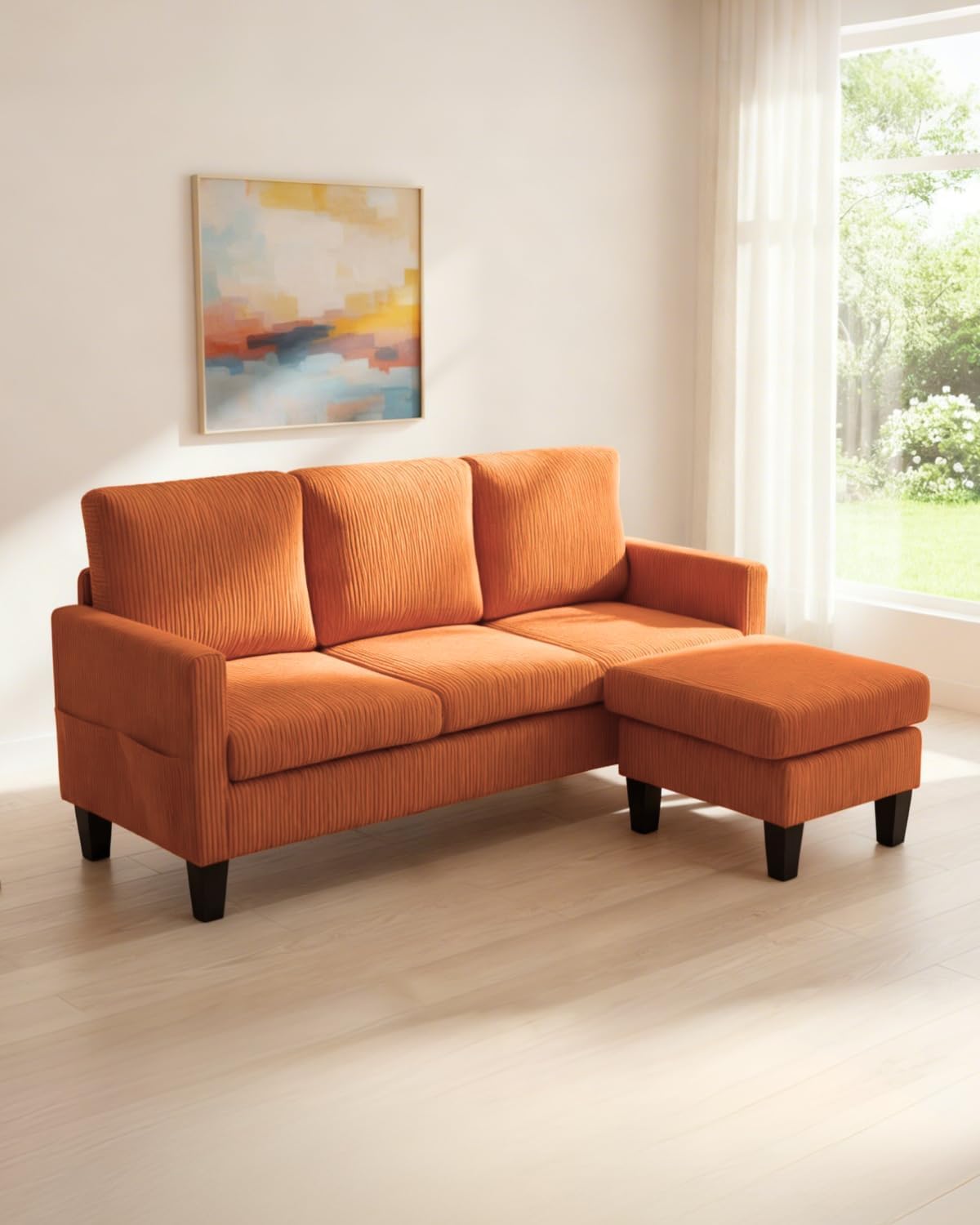 Karl home Small Sectional Couch L Shaped Sofa with Movable Storage Ottoman Corduroy Upholostered Sofa Chaise with Side Pockets for Living Room, Apartment, Studio, Orange