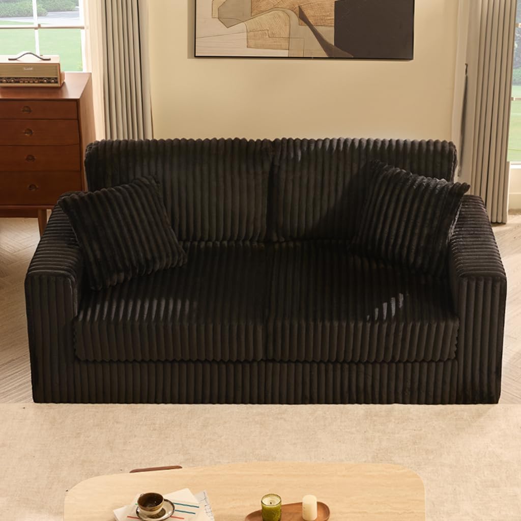 Cloud Couch Queen Sofa 80' 2-Seater Sofa(Not Boneless), Set of Modern Corduroy Loveseat with Deep Seats, High Backrest & Pocket Spring Cushions, Comfy Upholstered Couch for Living Room, Black