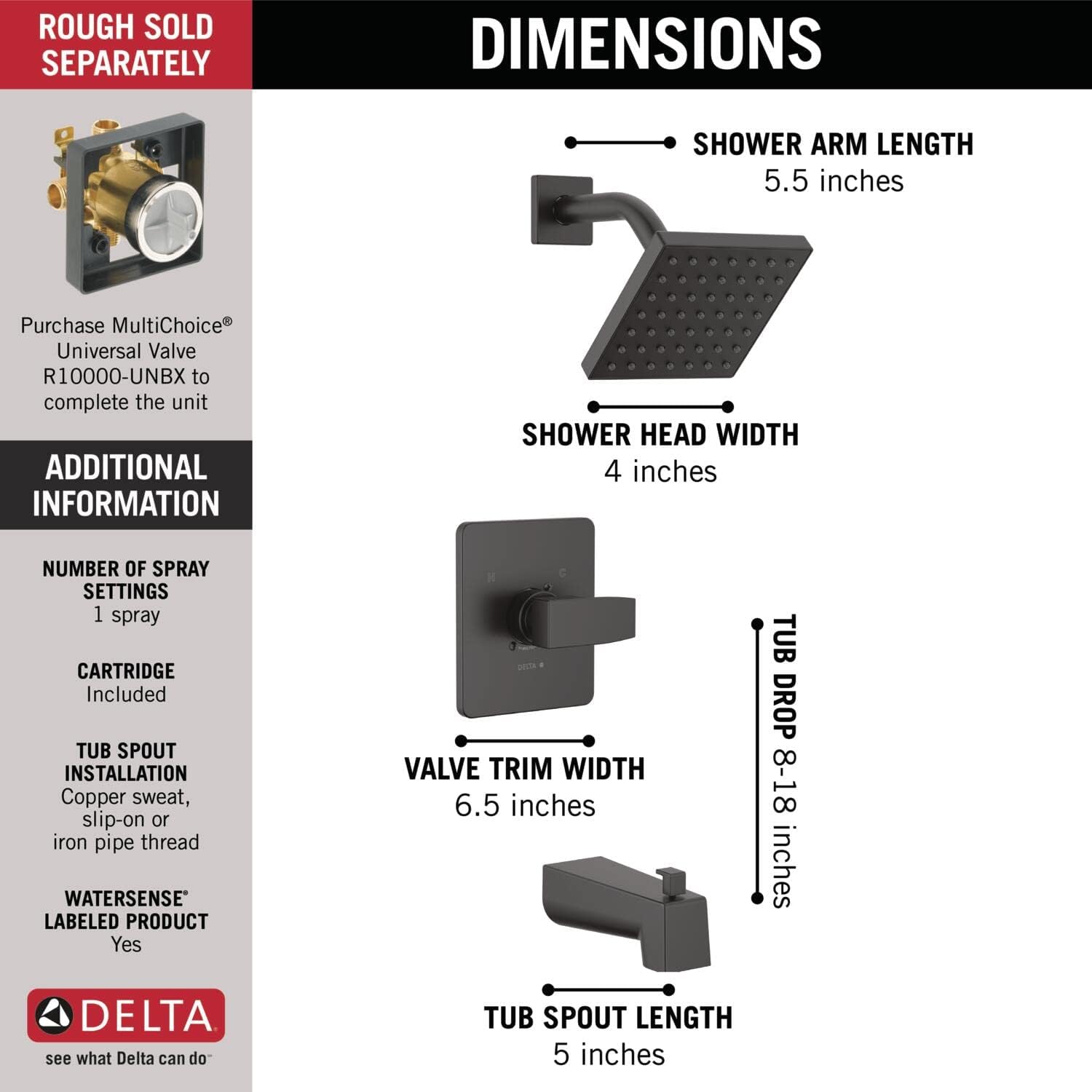 Delta Modern 14 Series Square Bathtub and Shower Faucet Set, Matte Black Shower Head and Handle Set, Valve Trim Kit, Matte Black T14467-BL-PP (Valve Not Included)