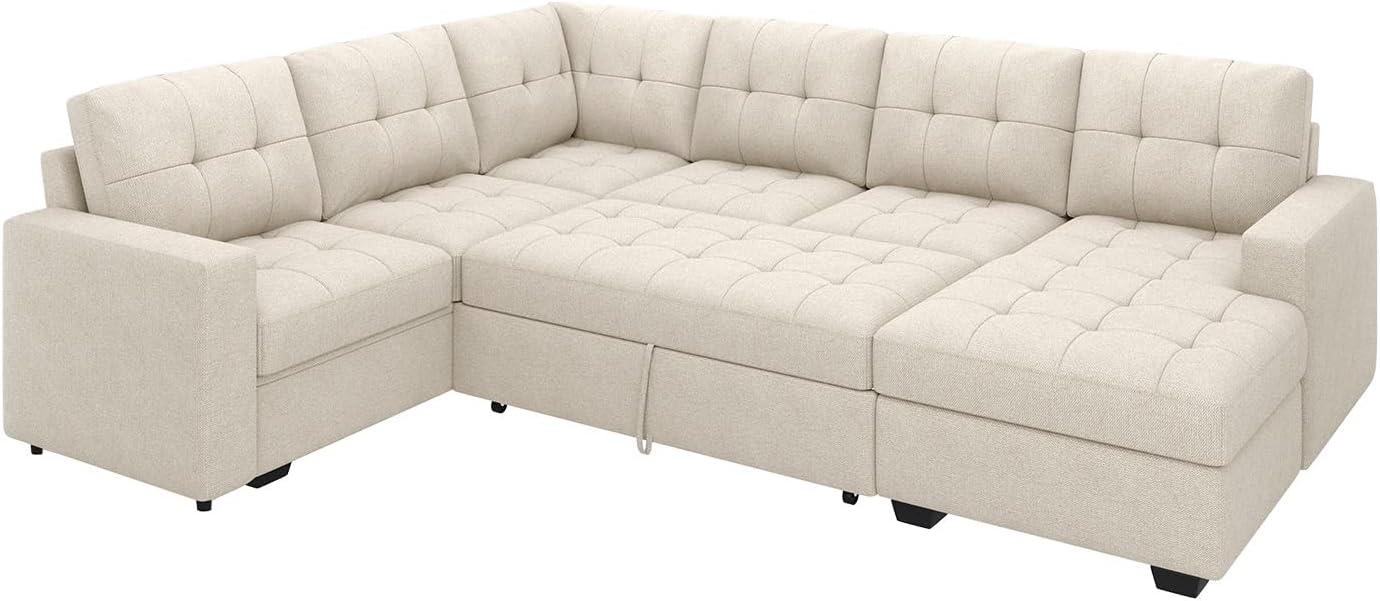HONBAY Sleeper Sectional Sofa with Pull Out Bed, U Shaped Sectional Sleeper Couch with Storage Chaise, Convertible Sectional Sleeper Sofa Bed, Beige