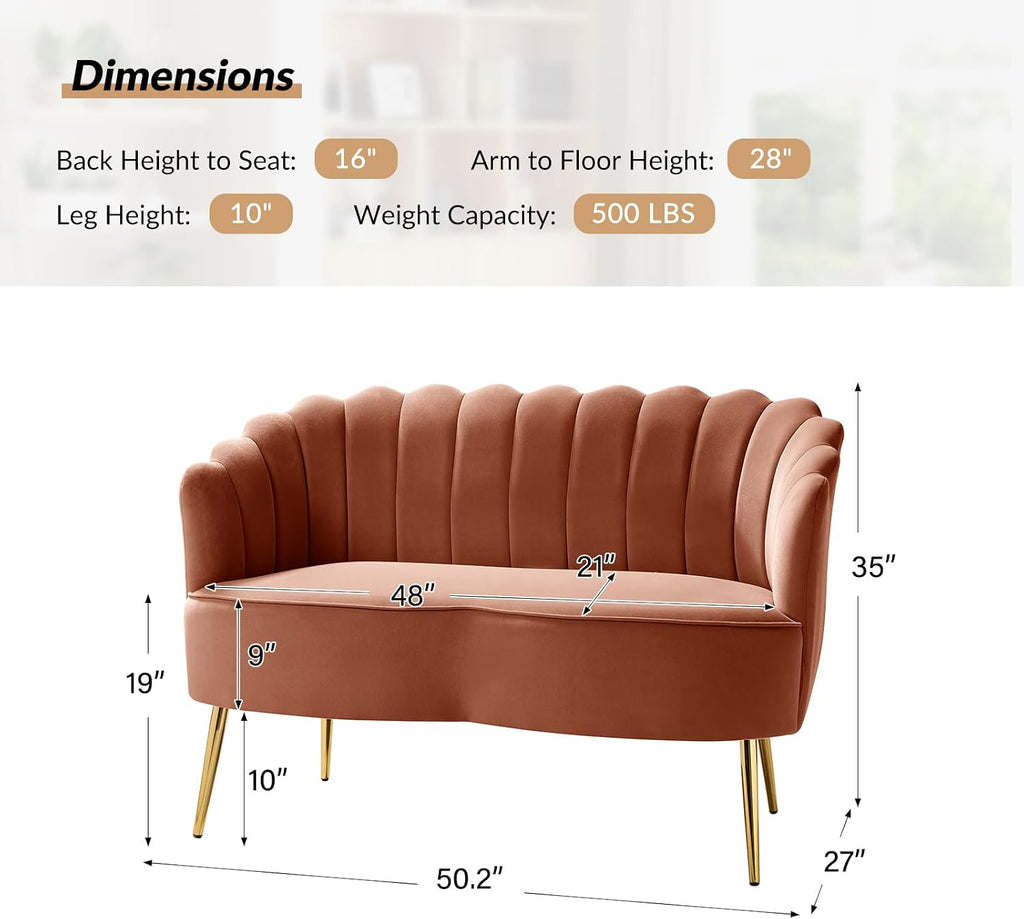 HULALA HOME Modern Velvet Loveseat Sofa with Flower Shaped Back, Comfy Upholstered 2-Seater Sofa with Gold Metal Legs, Small Love Seat Accent Couch for Living Bedroom Leisure Areas, Coral