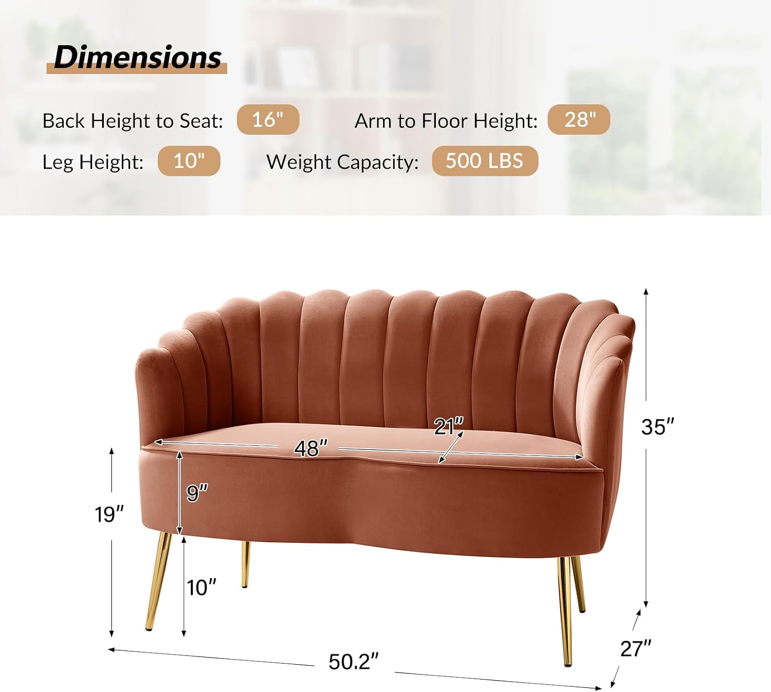 HULALA HOME Modern Velvet Loveseat Sofa with Flower Shaped Back, Comfy Upholstered 2-Seater Sofa with Gold Metal Legs, Small Love Seat Accent Couch for Living Bedroom Leisure Areas, Coral