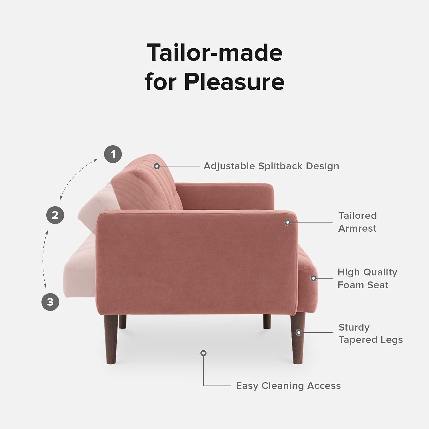 mopio Aaron 76.8' Couch, Small Futon Sofa Bed, Sleeper, Loveseat, Mid Century Modern Futon Couch, Sofa Cama, Couches for Living Room, Bedroom (Old Rosa, Velvet)