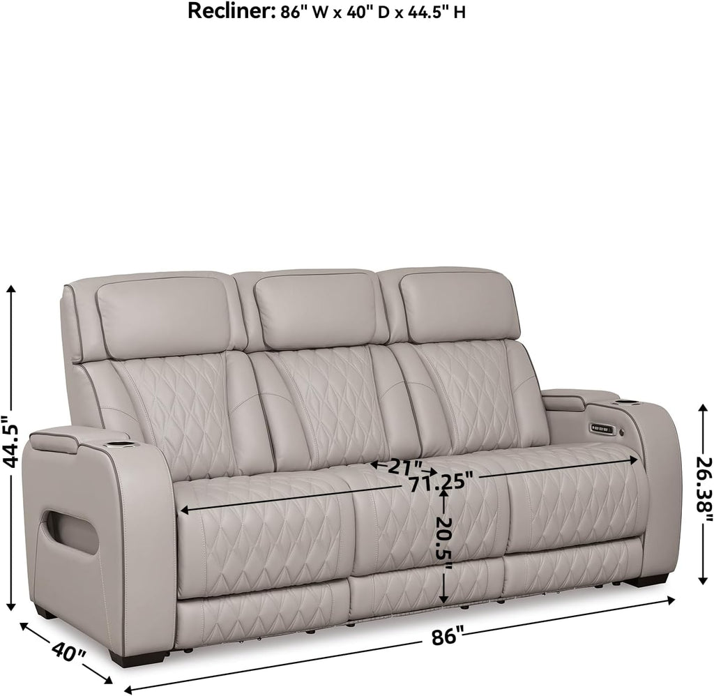 Signature Design by Ashley Boyington Contemporary Leather Match Power Reclining Sofa with USB Charging Ports, LED Lights and Adjustable Headrest, Light Gray
