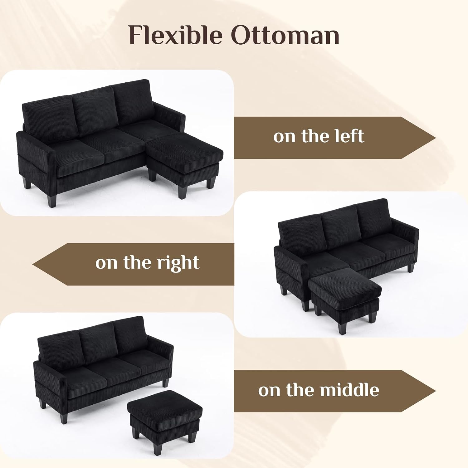 Karl home Small Sectional Couch L Shaped Sofa with Movable Storage Ottoman Corduroy Upholostered Sofa Chaise with Side Pockets for Living Room, Apartment, Studio, Black