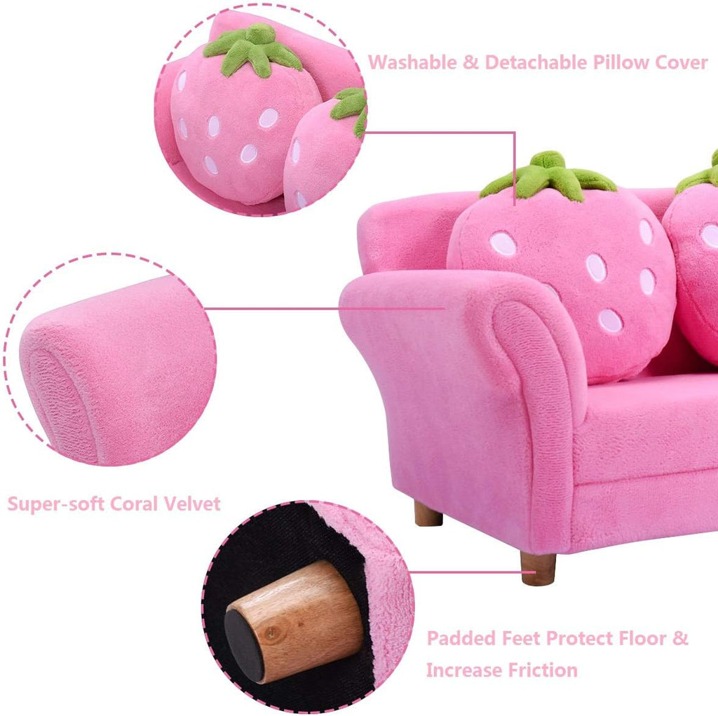 Costzon Kids Couch, Double Seat Pink Children's Sofa with 2 Strawberry Pillows, Toddler Armrest Chair for Bedroom, Living Room, Large Soft for Kids Loveseat for Baby Girls Pets Preschool Gifts