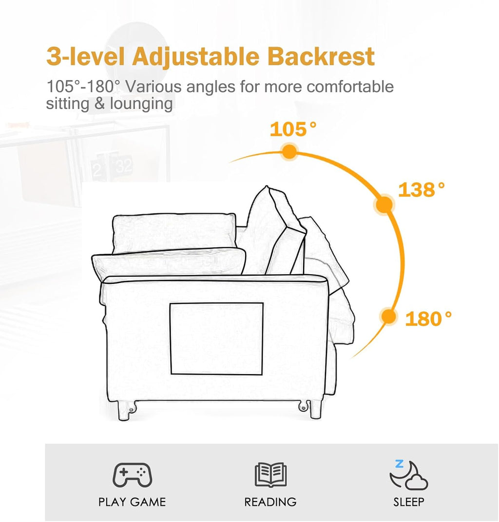 ECHINGLE Sleeper Sofa Bed, 3-in-1 Velvet Pull Out Couch with Armrests, Storage Pockets and 2 Pillows, Adjustable Backrest, Pull Out Sofa Bed Couch for Living Room, Bedroom(Black)