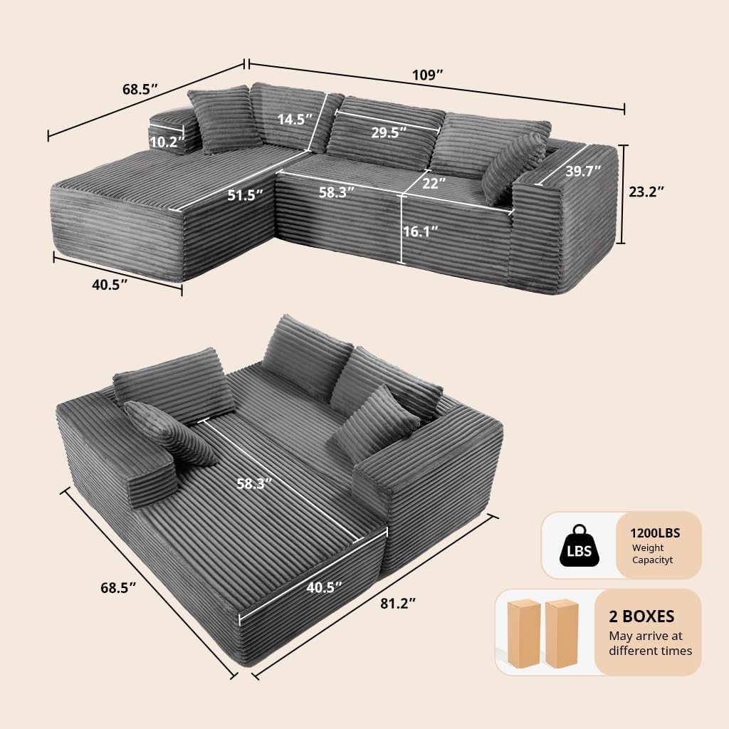 COMHOMA 105'Modular Sectional Sofa with Deep Seat,Cloud Upholstered L-Shape Couch Wide Arms Corduroy Fabric High-Density Foam Chaise Lounge for Living Room No Assembly Required