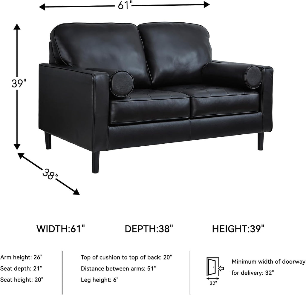 Signature Design by Ashley Bryceview Mid-Century Leather Match Tufted Loveseat with 2 Bolster Pillows, Black