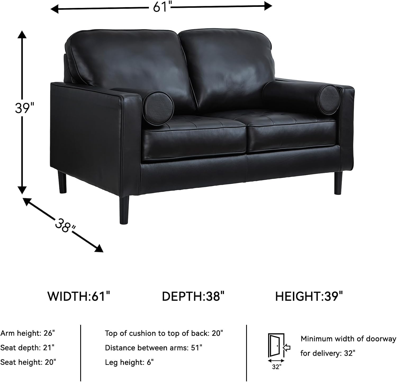 Signature Design by Ashley Bryceview Mid-Century Leather Match Tufted Loveseat with 2 Bolster Pillows, Black