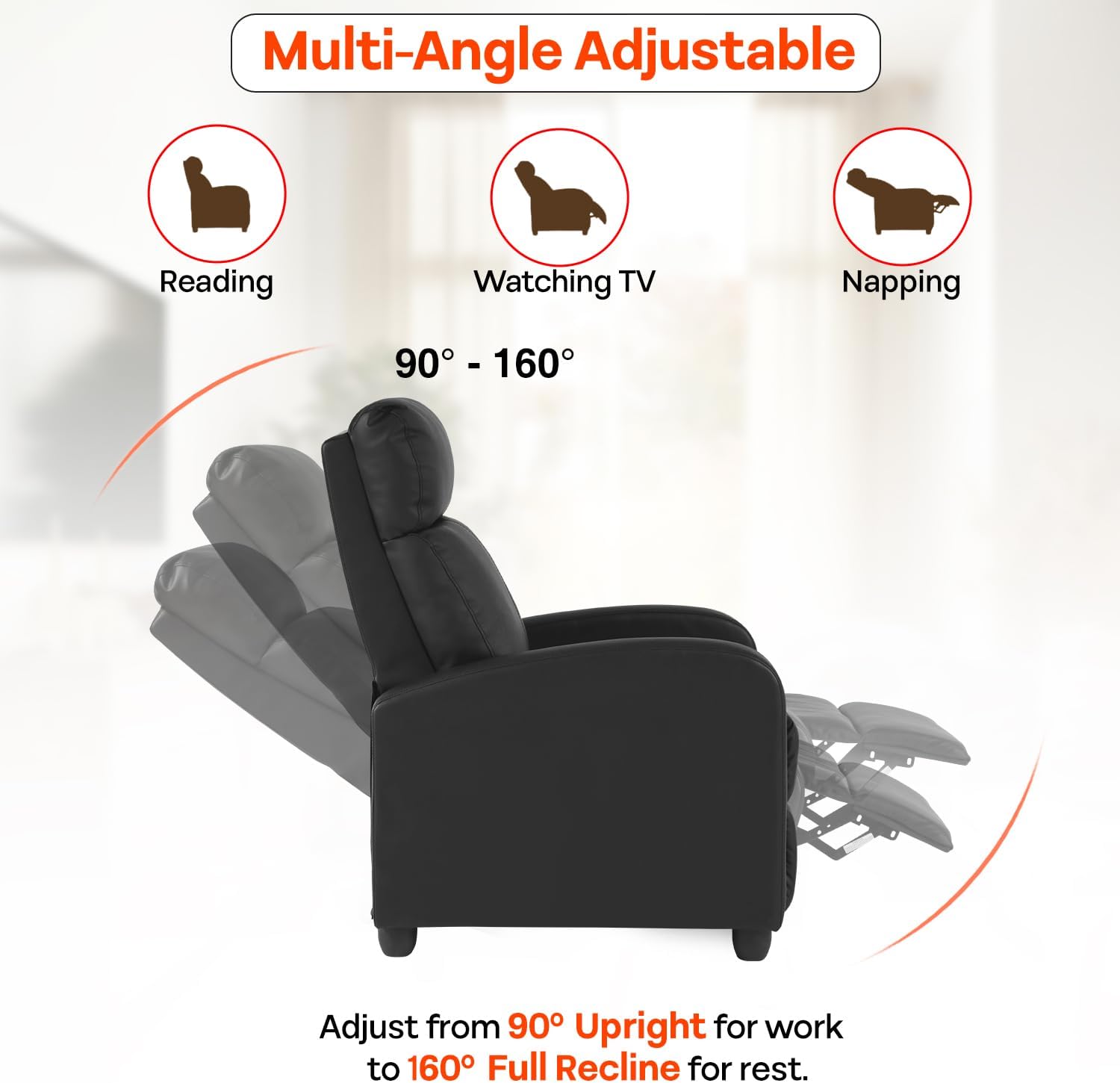 FDW Recliner Sofa Massage Chair Home Theater Seating with Lumbar Support and Padded Backrest for Living Room and Bedroom (Leather, Black)