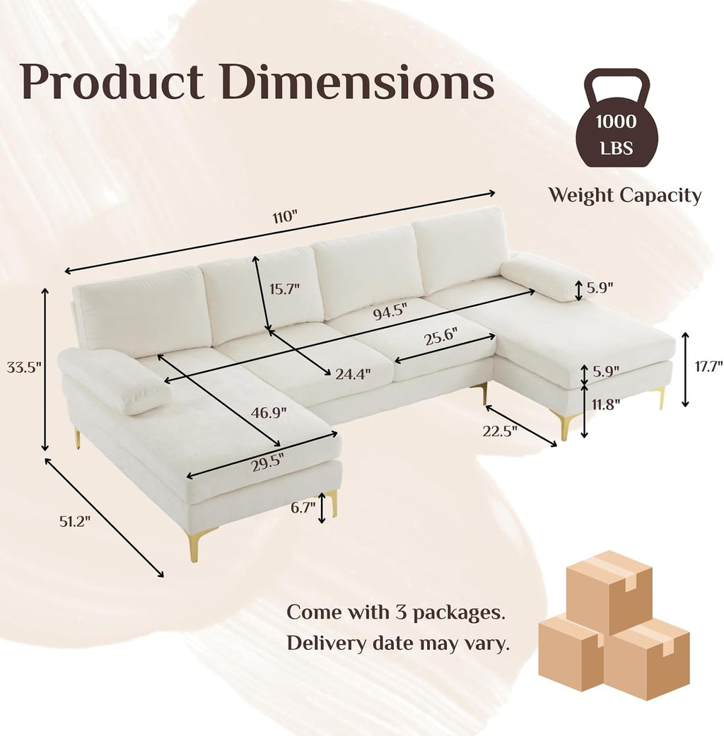 Karl home Convertible Sectional Sofa 110' U-Shape Sofa Couch 4-Seat Couch with Chaise ChenilleFabric Upholstered for Living Room, Apartment, Office, Creamy White