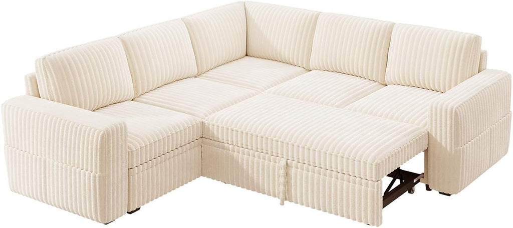 HONBAY Modular Sectional Sleeper Sofa with Pull Out Bed,Corduroy L Shaped Couch with Storage, Sectional Couches for Living Room,Beige