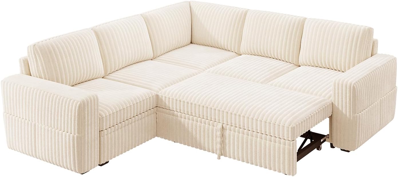 HONBAY Modular Sectional Sleeper Sofa with Pull Out Bed,Corduroy L Shaped Couch with Storage, Sectional Couches for Living Room,Beige