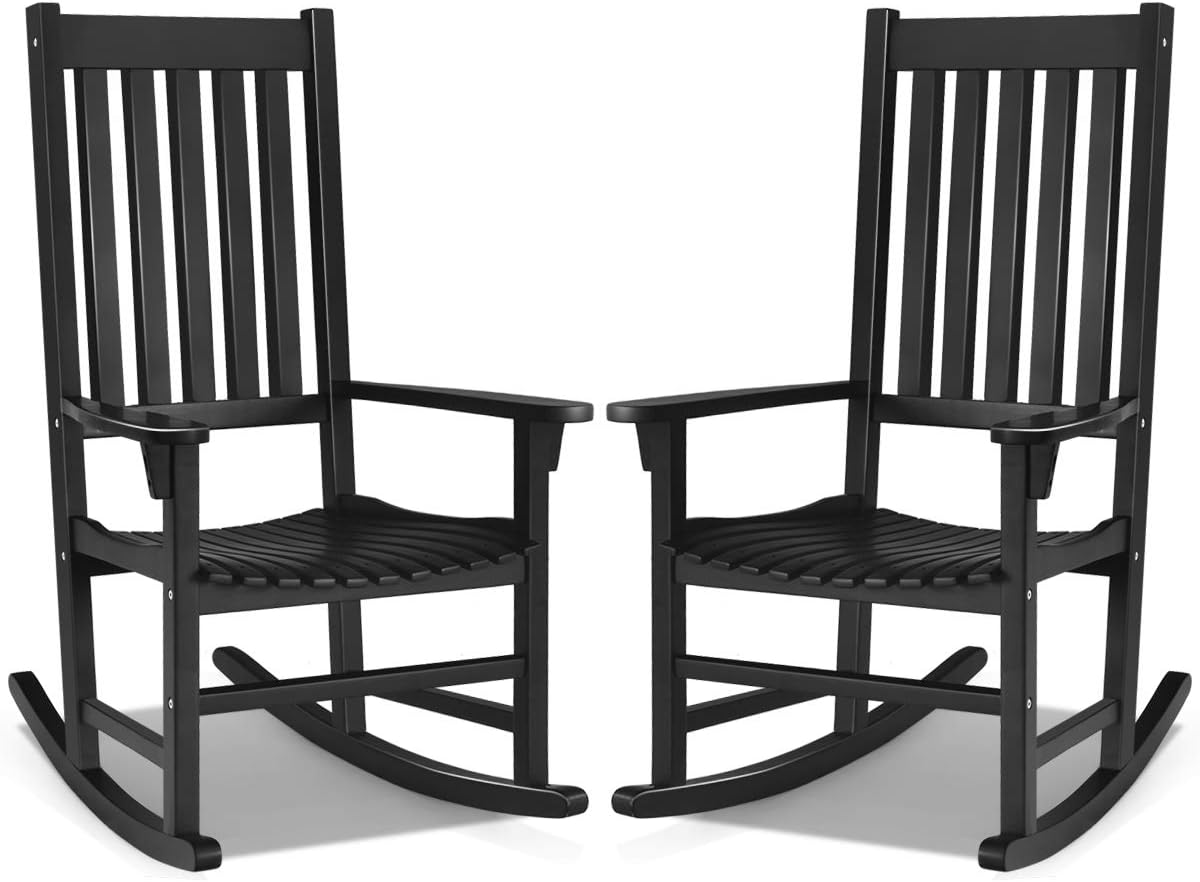 Giantex Rocking Chair Acacia Wood Frame Outdoor& Indoor for Garden, Lawn, Balcony, Backyard and Patio Porch Rocker (2, Black)