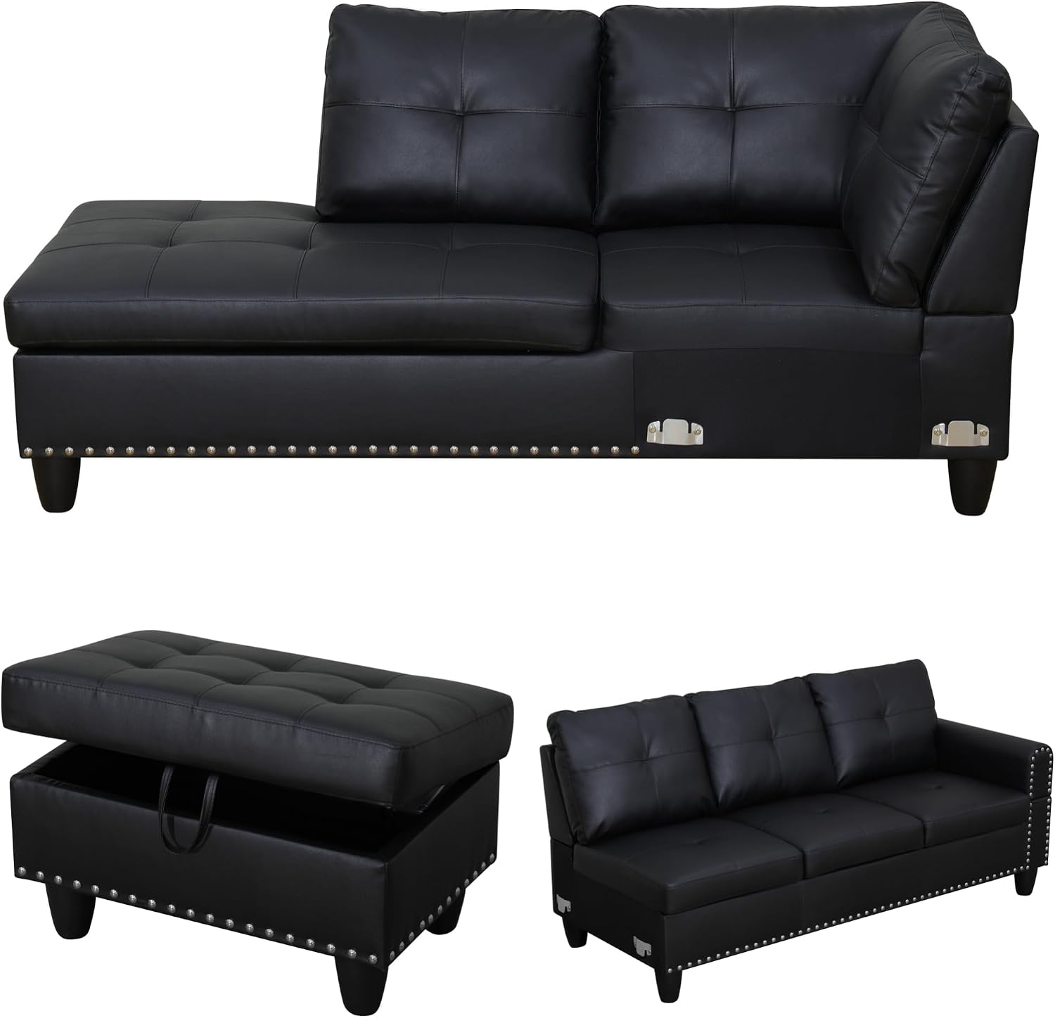 Leather Sectional Sofa with Movable Chaise & Storage Ottoman, 3-Piece Modular Convertible L-Shaped Couches for Living Room, Apartment & Office, Black