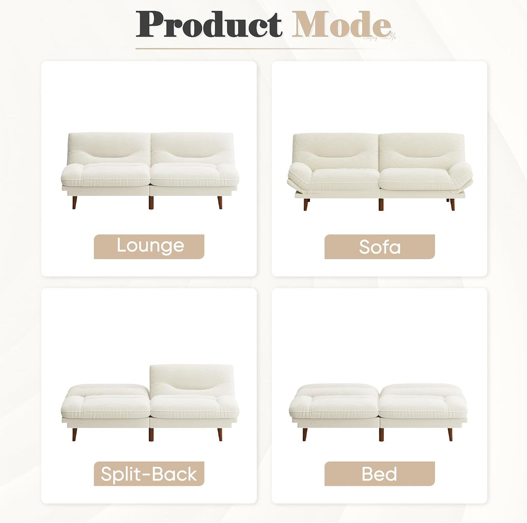 Homall Futon Sofa Bed, Modern Loveseat Futon Couch with Adjustable Backrest and Armrests, Sleeper Sofa Bed with Wood Frame for Living Room, Office, Apartment (Corduroy, White)