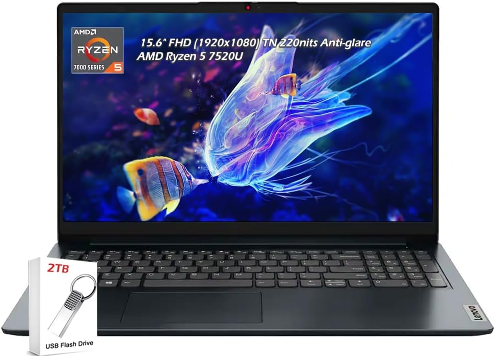 Lenovo IdeaPad 1 15.6' FHD (1920x1080) Laptop, AMD Ryzen 5 7520U 4-Core Processor, 8GB LPDDR5 1TB SSD, AMD Radeon 610M, Wi-Fi6, Win11, Abyss Blue, with 2TB Flash Drive, W/GaLiMu