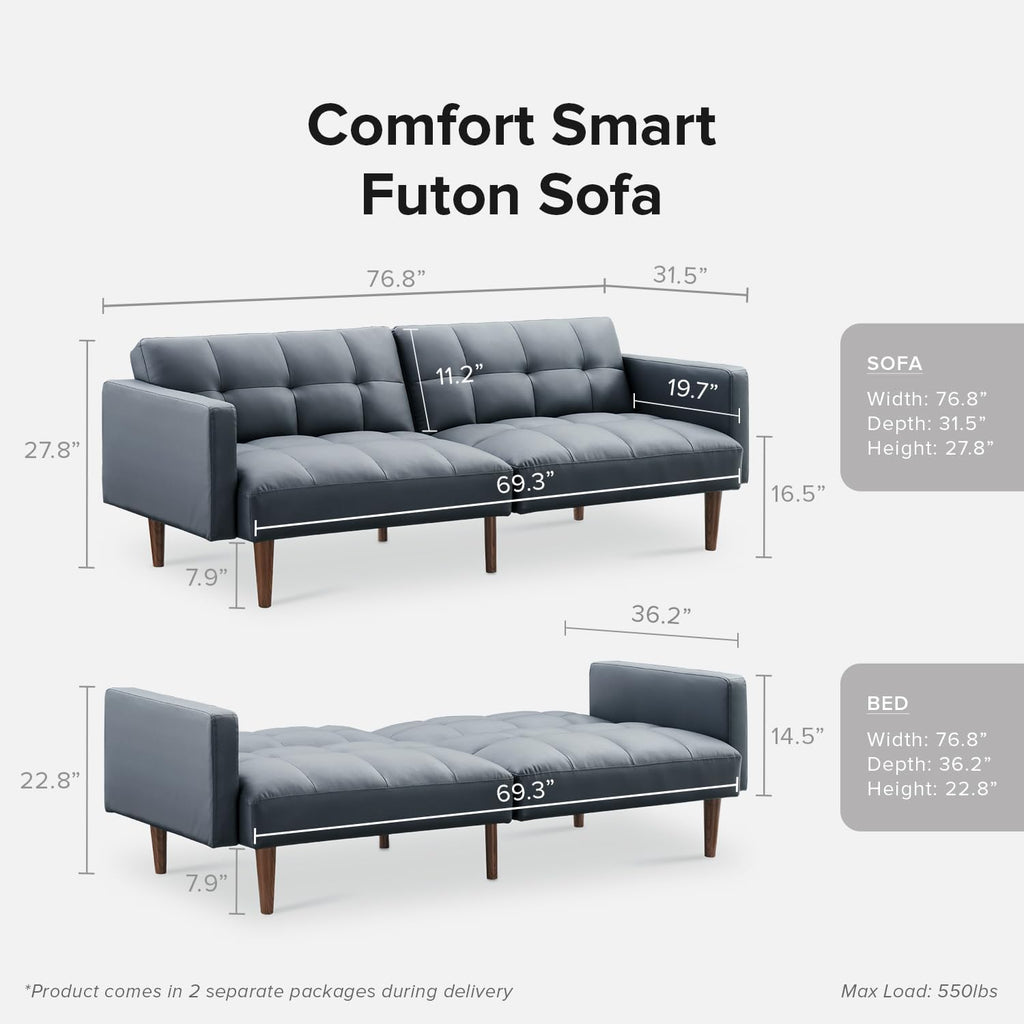 mopio Aaron 76.8' Couch, Small Futon Sofa Bed, Sleeper, Loveseat, Mid Century Modern Futon Couch, Sofa Cama, Couches for Living Room, Bedroom (Cloud Gray, Faux Leather)