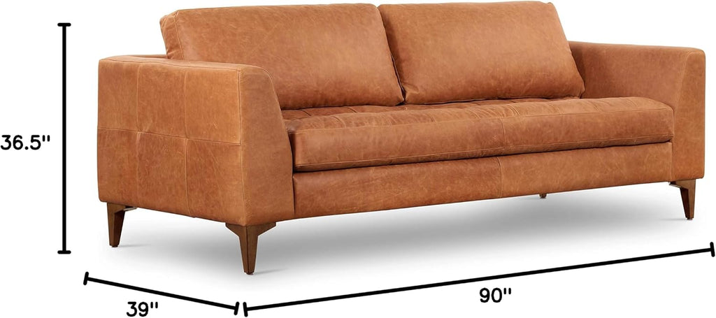 Poly & BARK Calle 90' Sofa Full-Grain Pure-Aniline Italian Leather in Cognac Tan, Solid Wood Legs