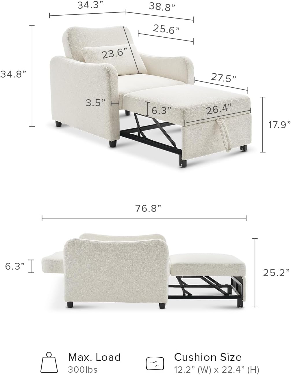 mopio Sophie 4-in-1 Convertible Sleeper Chair Bed, Accent Chair, Chaise Lounge, Comfy Reading Armchair, Pull Out Sofa Bed with Adjustable Backrest for Living Room, Bedroom (Pearl White Boucle)