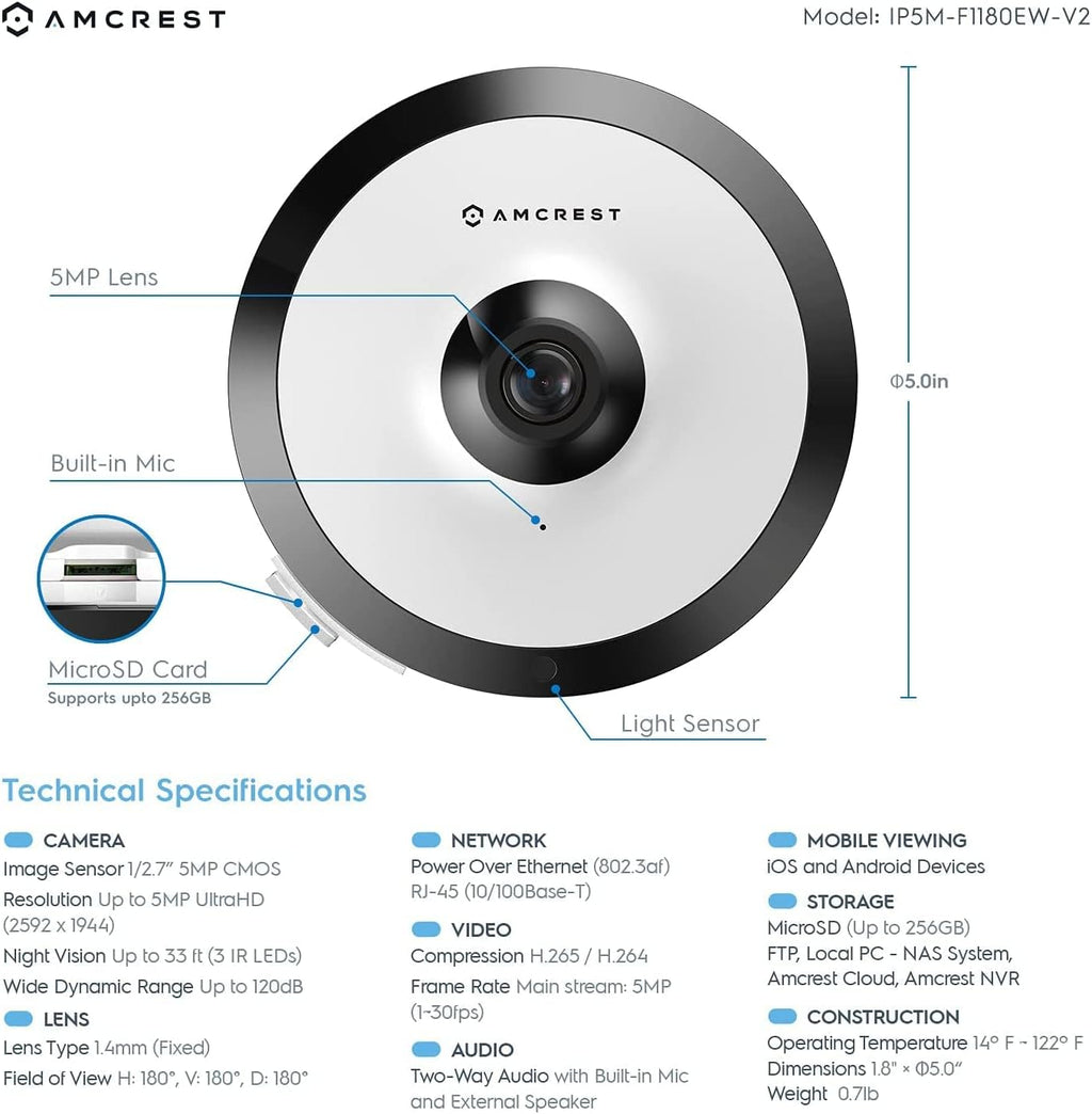 Amcrest Fisheye IP POE Camera, 360° Panoramic 5-Megapixel POE IP Camera, Fish Eye Security Indoor Camera, IVS Features and People Counting, MicroSD Recording, IP5M-F1180EW-V2 (White)