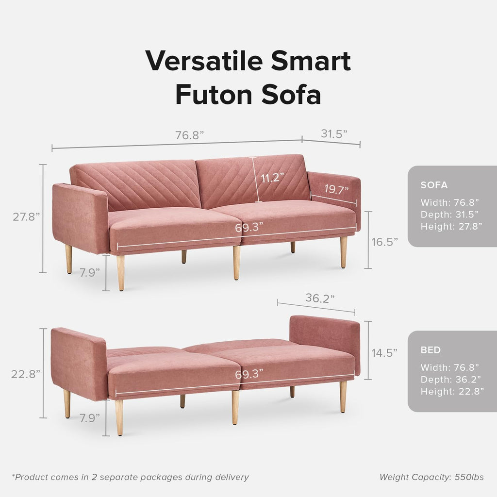 mopio 76.4' Futon Sofa Bed, Couch, Loveseat, Sleeper Sofa, Mid Century Modern Futon Couch, Sofa Cama, Couches for Living Room (Old Rosa Velvet)